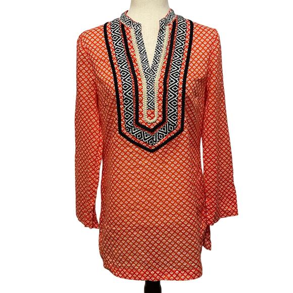 Tory Burch Women’s Tunic Top Cotton Classic Modern Size 6 Orange White Navy - Picture 2 of 12